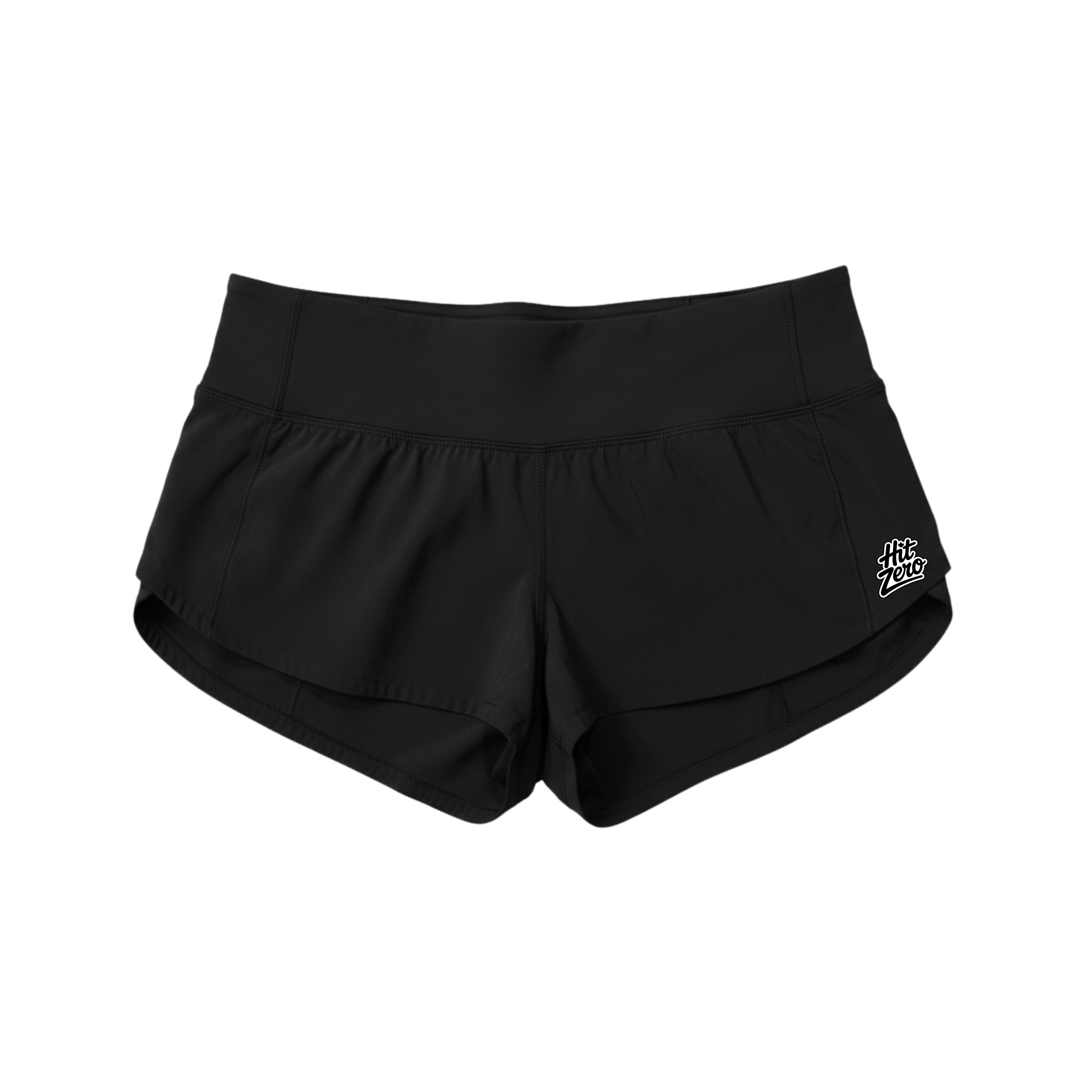 Low-rise Black cheer shorts (2.5" inseam) with wide black waistband and Hit Zero Athletics logo on the left leg.