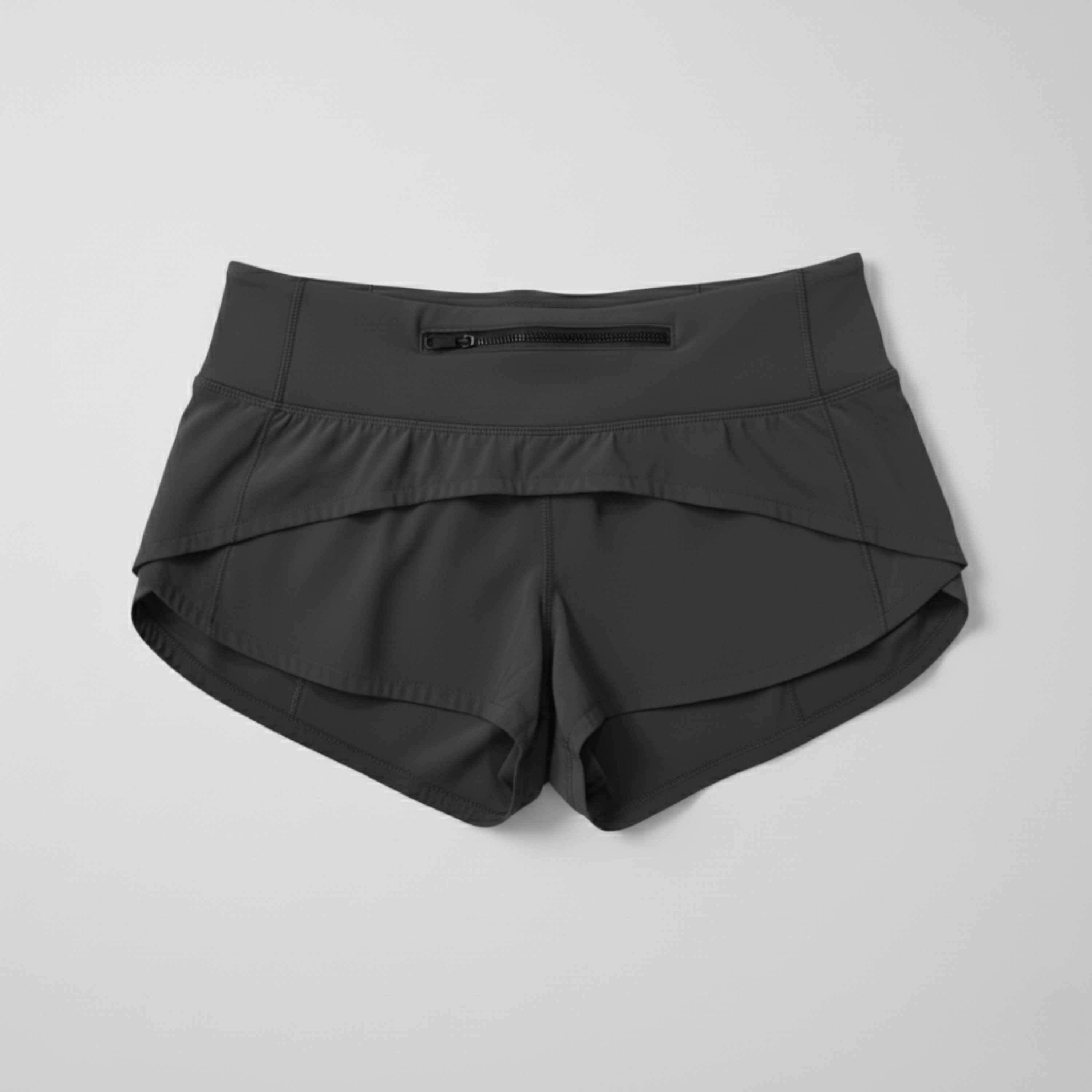 Low-rise Black cheer shorts (2.5" inseam) with wide black waistband and Hit Zero Athletics logo on the left leg.