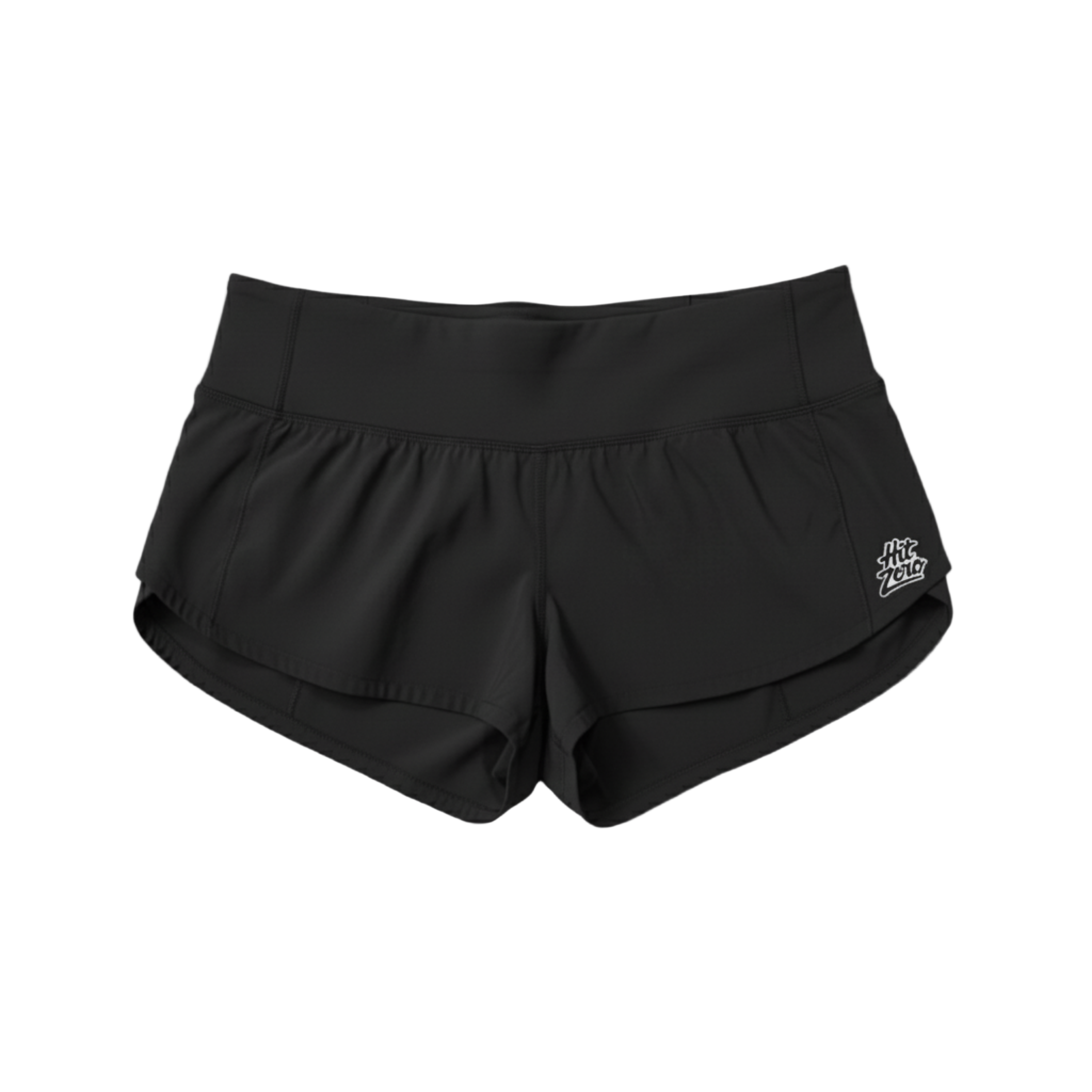 Low-rise Dark Gray cheer shorts (2.5" inseam) with wide black waistband and Hit Zero Athletics logo on the left leg.